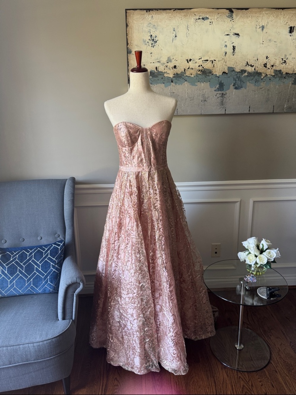 Beautiful Strapless Pink Lace Ball Prom Gown Size 11 GB Girls